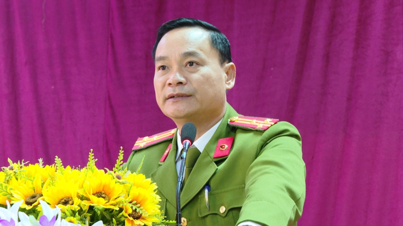 Đồng chí Thượng tá Nguyễn Văn Thưởng  Phó Trưởng Công an huyện Tuần Giáo phát biểu chỉ đạo tại huấn luyện nghiệp vụ PCCC